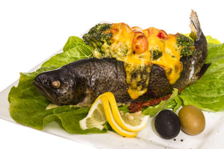 trout fish baked with shrimps and cauliflowerの写真素材