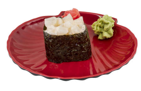 spice sushi hotate with sauced slices of scallop isolated on white backgroundの写真素材