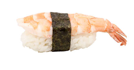 Shrimp sushi closeup isolated on white backgroundの写真素材