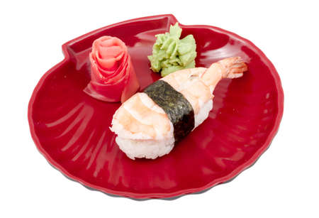Shrimp sushi closeup isolated on white backgroundの写真素材