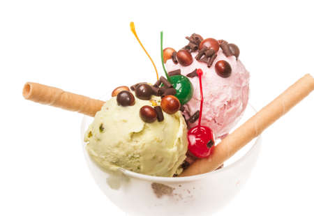 yogurt and chocolate ice cream in a bowl close upの写真素材