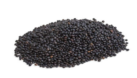 Heap of black lentil isolated on whiteの写真素材