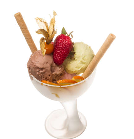 yogurt and chocolate ice cream in a bowl close upの写真素材