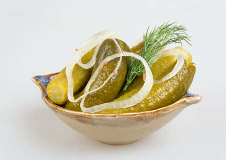 Closeup view of pickled cucmbers in a bowlの写真素材