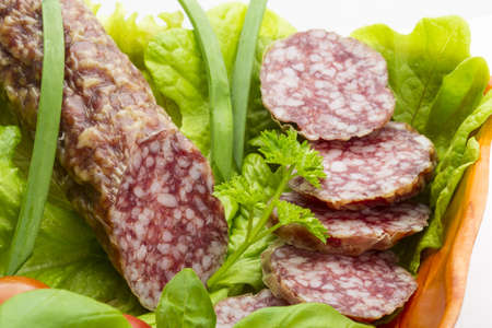 Ripe salami with salad, basil, onion and tomatoの写真素材