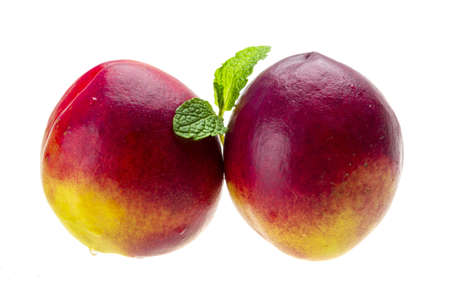 Ripe peaches and mintの写真素材