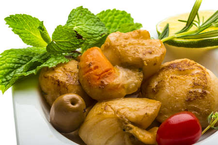 Scallop with asparagus, lime, mint and rosemaryの写真素材