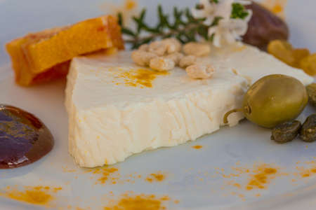 Sheep cheese with herbs, fruits and nutの写真素材