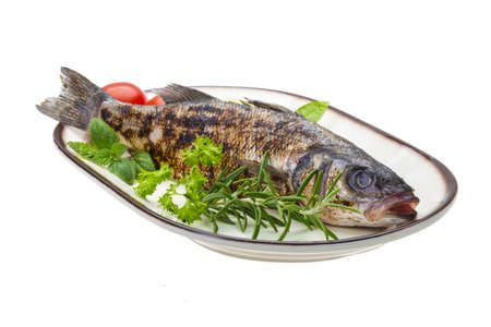 Roasted seabass with rosemary and herbsの写真素材