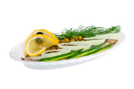 Herring with dill and onion on whiteの写真素材