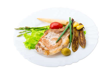 T-bone steak with egg-plant and vegetablesの写真素材