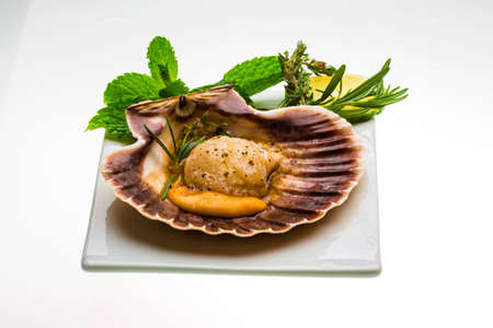Scallop with asparagus, lime, mint and rosemaryの写真素材