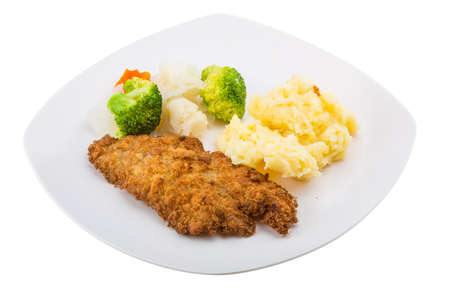 Schnitzel with mash potato and cabbageの写真素材