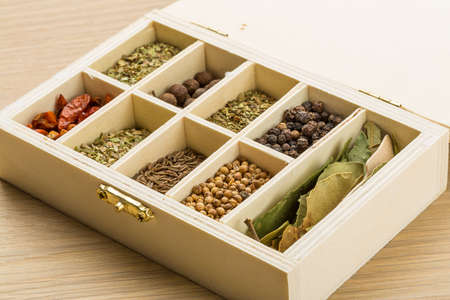 Dry spyces mix in wood boxの写真素材