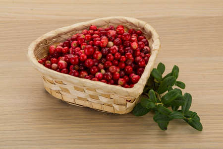 Cowberry in the bowl with leavesの写真素材