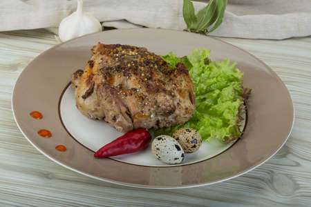 Grilled quail with eggs and spices on wooden の写真素材