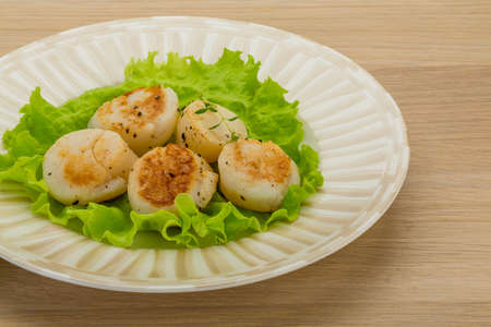 Grilled scallops with herbs on the boardの写真素材
