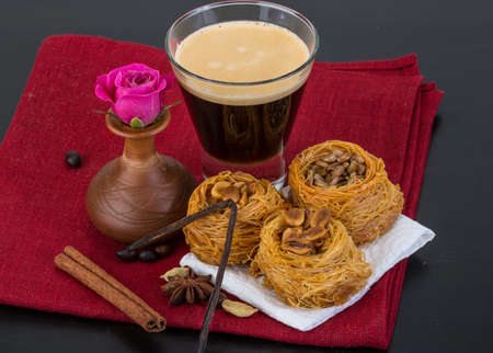 Turkish sweet Delicious with coffee and served flower