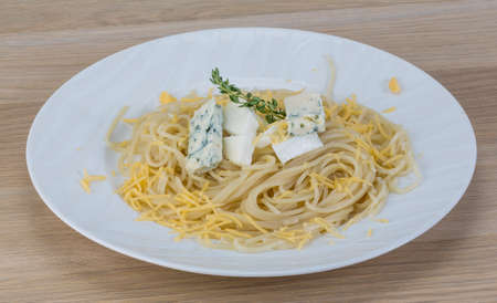 Spaghetti with blue, soft and parmesan cheesesの写真素材