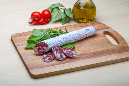 Spanish sausage - fuet salami with rosemary and saladの写真素材