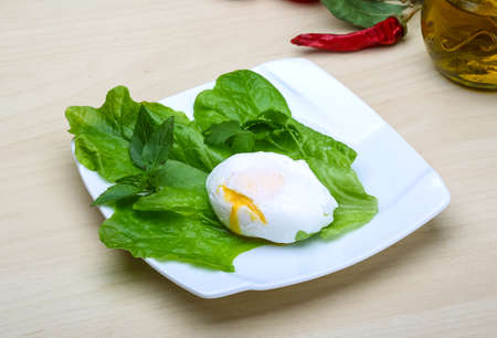 Egg benedict with salasd leaves on the wood backgroundの写真素材