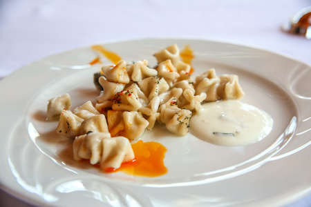 Turkish dumplings - manti with yoghurt sauceの写真素材
