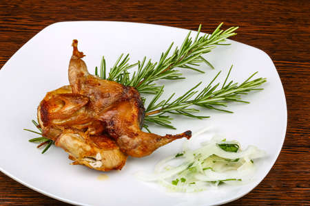 Grilled quail with rosemary and onion ringsの写真素材