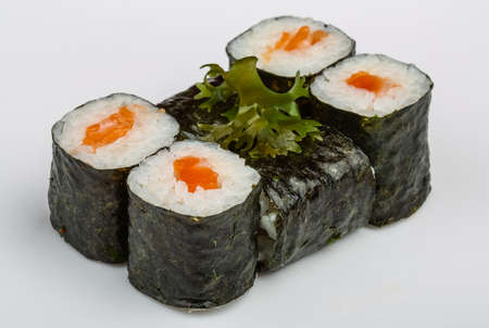 Japan traditional fresh cold salmon sushi and rollの写真素材