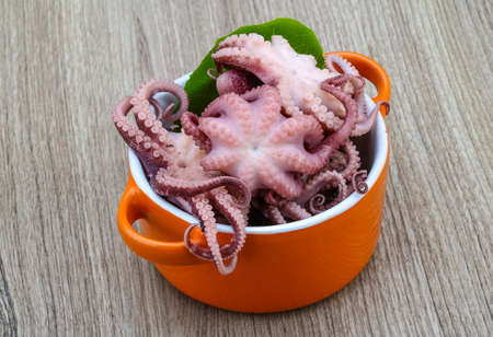 Marinated baby octopus in the bowl on wood backgroundの写真素材
