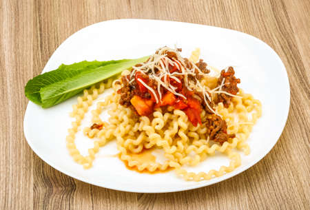 Long Fussili with beef minced meat and parmesan cheeseの写真素材