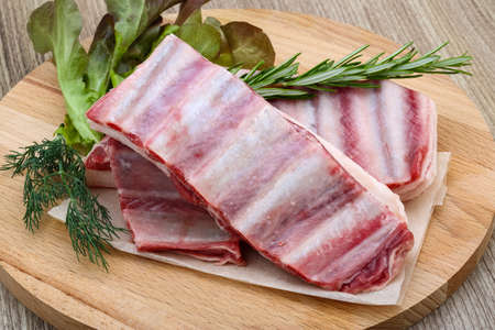 Fresh cold Raw lamb ribs with garlik and pepper - ready for cookingの写真素材
