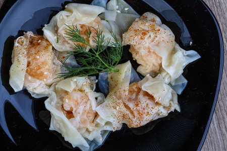 Shrimp wanton with dill leaves - traditional asian cusineの写真素材