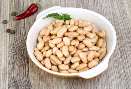 Canned white beans with green fresh dill leafの写真素材
