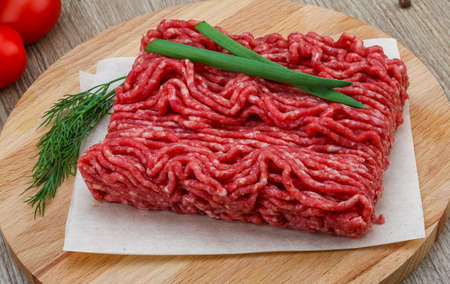 Raw minced beef meat with green oinion and dillの写真素材