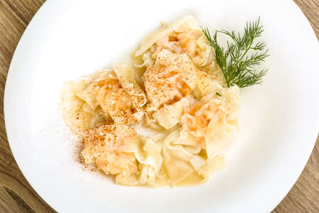 Shrimp wanton with dill leaves - traditional asian cusineの写真素材