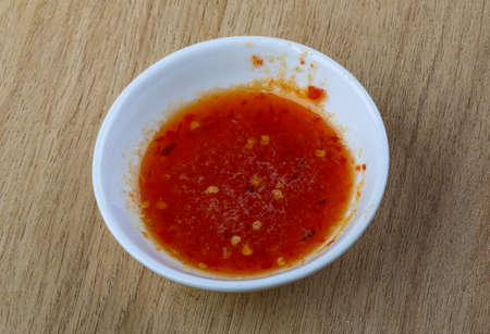 Hot chili sauce on the wood backgroundの写真素材