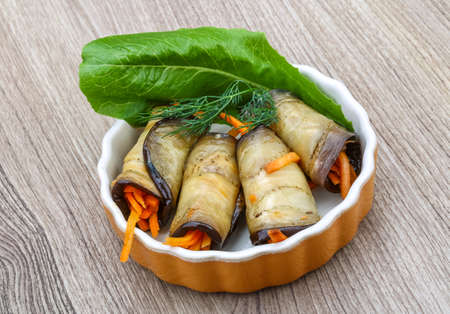 Eggplant rolls with carrot served spices and corianderの写真素材