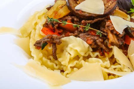 Italian trditional Pasta mafalde with herbs and beef meatの写真素材