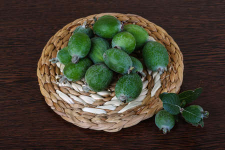 Fresh ripe sweet Feijoa fruit with leavesの写真素材