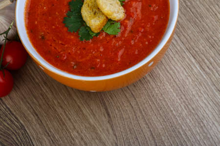 Spanish traditional soup - Gazpacho with croutons and parsleyの写真素材