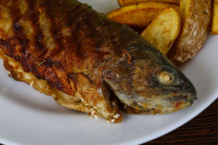 Grilled trout with potato, salad leaves and lemonの写真素材