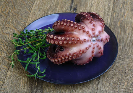 Boiled octopus with herb on the wood backgroundの写真素材