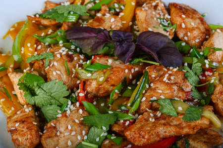 Stir-fried chicken with vegetables and herbsの写真素材