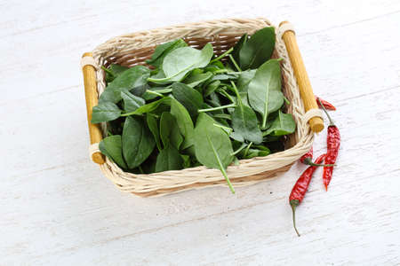 Spinach leaves in the basket on the wood background
