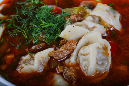 Dumpling soup with tomato and other vegetablesの写真素材