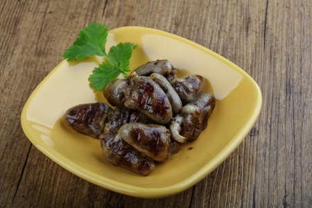 Chicken hearts skewer barbeque with herbs and spicesの写真素材