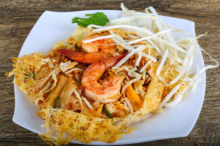Pad Thai with shrimp, herbs and spicesの写真素材