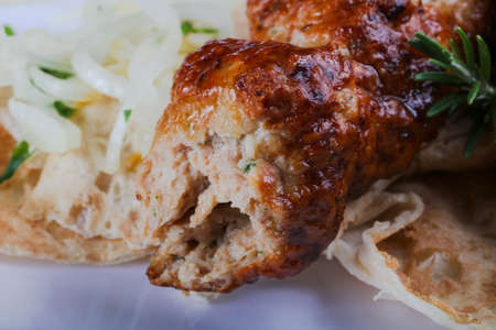 Chicken kebab with onion, parsley and breadの写真素材