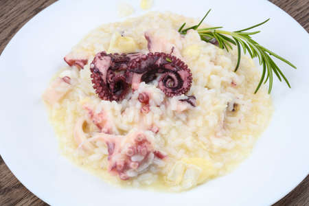 Risotto with octopus served green rosemaryの写真素材