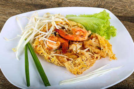 Pad Thai with shrimp, herbs and spicesの写真素材